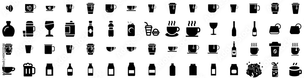 Set Of Drink Icons Isolated Silhouette Solid Icon With Lifestyle, Young, Woman, Drink, Beverage, Girl, Glass Infographic Simple Vector Illustration Logo