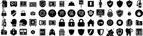 Set Of Safety Icons Isolated Silhouette Solid Icon With Industry, Protection, Safe, Work, Security, Health, Safety Infographic Simple Vector Illustration Logo