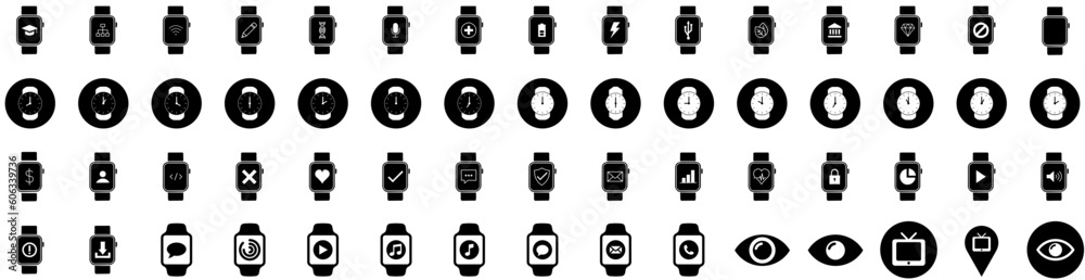 Set Of Watch Icons Isolated Silhouette Solid Icon With Wristwatch, Isolated, Clock, Design, Time, Modern, Watch Infographic Simple Vector Illustration Logo