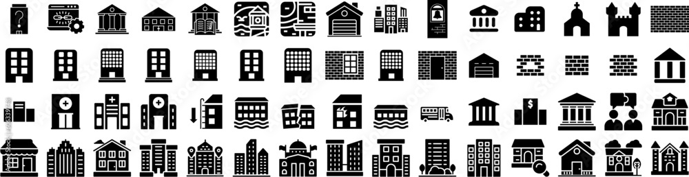 Set Of Building Icons Isolated Silhouette Solid Icon With Urban, Office, Building, Construction, Business, Architecture, City Infographic Simple Vector Illustration Logo