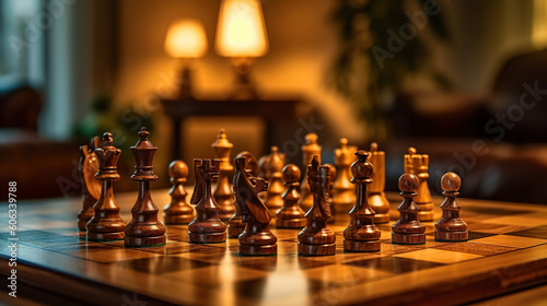 Chess pieces arranged on the chessboard in the living room, board games and hobbies concept. Generative Ai