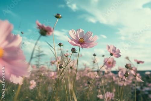 pink flowers in a field with clouds in the background © JazzRock
