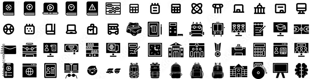 Set Of School Icons Isolated Silhouette Solid Icon With Book, Study, Education, Back, School, Student, Concept Infographic Simple Vector Illustration Logo Set Of School Icons Isolated Silhouette Solid Icon With Book, Study, Education, Back, School, Student, Concept Infographic Simple Vector Illustration Logo