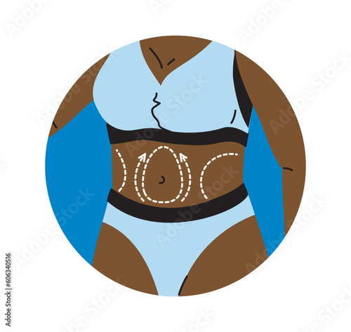 Plastic surgery icon concept. Liposuction and removal of fat from abdomen. Template, layout and mock up. Beauty body reshape. Cartoon flat vector illustration isolated on white background