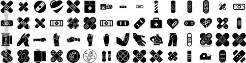 Set Of Bandage Icons Isolated Silhouette Solid Icon With Injury, Medicine, Care, Medical, Bandage, Health, Recovery Infographic Simple Vector Illustration Logo