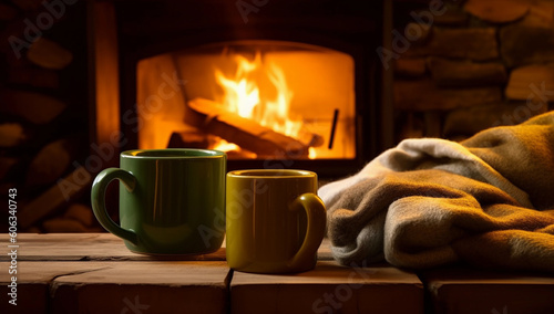 two mugs in front of a fireplace