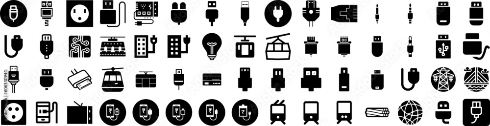Set Of Cable Icons Isolated Silhouette Solid Icon With Internet, Communication, Network, Technology, Line, Cable, Data Infographic Simple Vector Illustration Logo