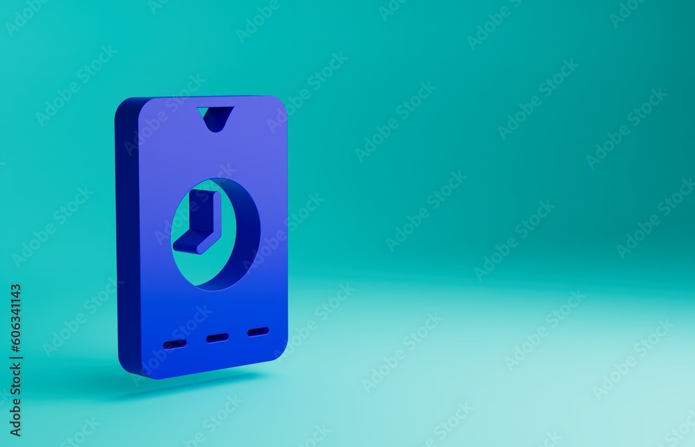 Blue Alarm clock app smartphone interface icon isolated on blue background. Minimalism concept. 3D render illustration Blue Alarm clock app smartphone interface icon isolated on blue background. Minimalism concept. 3D render illustration