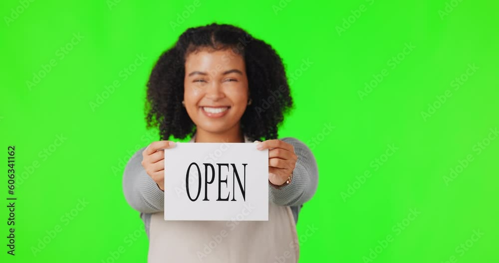 Happy woman, open sign and green screen in small business advertising against a studio background. Portrait of female person, waitress or store owner showing billboard and ready for service on mockup Happy woman, open sign and green screen in small business advertising against a studio background. Portrait of female person, waitress or store owner showing billboard and ready for service on mockup