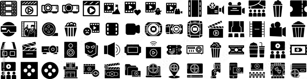 Set Of Cinema Icons Isolated Silhouette Solid Icon With Theater, Film, Auditorium, Entertainment, Popcorn, Cinema, Movie Infographic Simple Vector Illustration Logo Set Of Cinema Icons Isolated Silhouette Solid Icon With Theater, Film, Auditorium, Entertainment, Popcorn, Cinema, Movie Infographic Simple Vector Illustration Logo