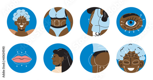 Plastic surgery icons set. Beauty and aesthetics, surgery to correct shape of body or face. Treatment and lifting, reconstruction. Cartoon flat vector collection isolated on white background