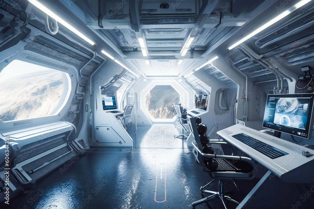 Futuristic interior of a laboratory or scientific station on a planet. Created with Generative AI technology. Futuristic interior of a laboratory or scientific station on a planet. Created with Generative AI technology.
