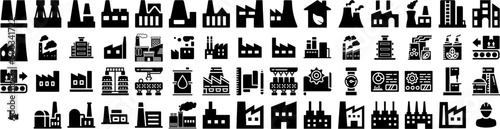 Set Of Factory Icons Isolated Silhouette Solid Icon With Industrial, Production, Industry, Manufacturing, Plant, Technology, Factory Infographic Simple Vector Illustration Logo