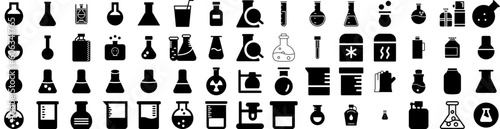 Set Of Flask Icons Isolated Silhouette Solid Icon With Equipment, Science, Test, Chemistry, Laboratory, Flask, Medical Infographic Simple Vector Illustration Logo