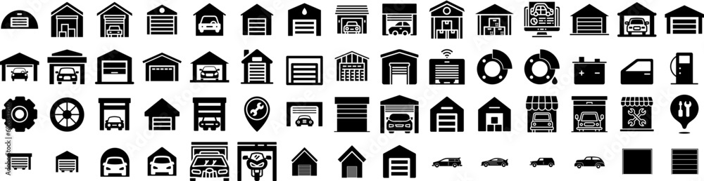 Set Of Garage Icons Isolated Silhouette Solid Icon With Floor, Modern, Home, Wall, Room, Garage, Interior Infographic Simple Vector Illustration Logo