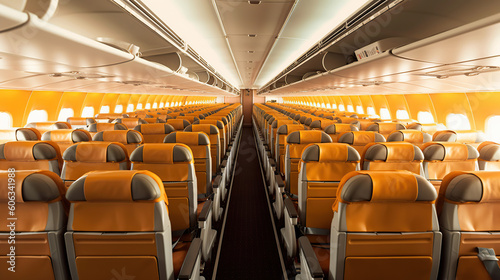 Empty passenger airplane seats in the cabin. Generative Ai
