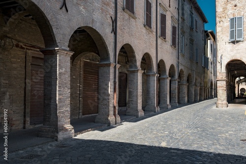 The ancient arcades of the medieval village of Urbania in the Marche region of Italy