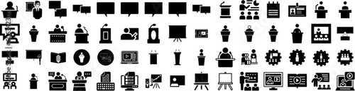 Set Of Lecture Icons Isolated Silhouette Solid Icon With Presentation, Education, Audience, People, Lecture, Seminar, Business Infographic Simple Vector Illustration Logo