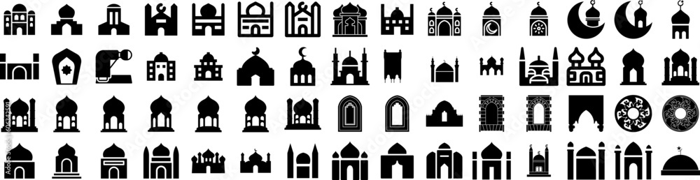 Set Of Mosque Icons Isolated Silhouette Solid Icon With Culture, Muslim, Religion, Arabian, Religious, Ramadan, Mosque Infographic Simple Vector Illustration Logo