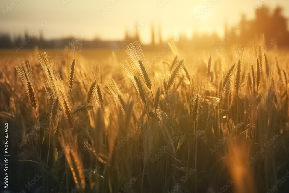 Organic golden ripe ears of oats in field. Ripe ears of oats in a field. Agricultural concept. generative ai
