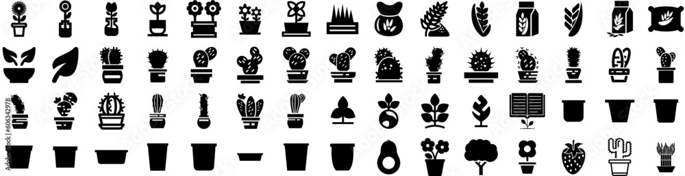 Set Of Plant Icons Isolated Silhouette Solid Icon With Foliage, Tropical, Leaf, Decoration, Garden, Green, Plant Infographic Simple Vector Illustration Logo