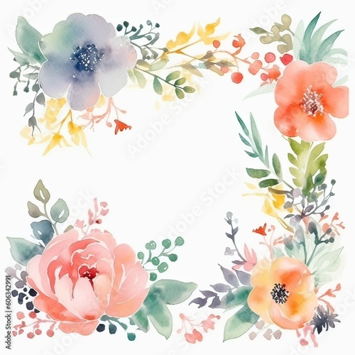 Wreath  floral frame  watercolor flowers roses  Illustration hand painted. Isolated on white background. Perfectly for greeting card design. Generative Ai.