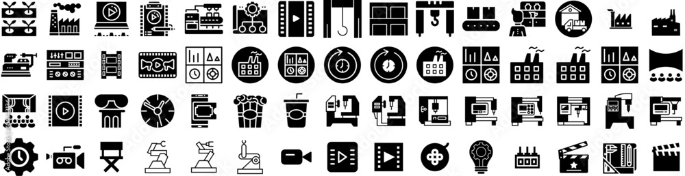 Set Of Production Icons Isolated Silhouette Solid Icon With Film, Work, Industry, Video, Production, Equipment, Technology Infographic Simple Vector Illustration Logo Set Of Production Icons Isolated Silhouette Solid Icon With Film, Work, Industry, Video, Production, Equipment, Technology Infographic Simple Vector Illustration Logo