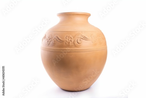 A clay pot with a floral design is on a white background. Generative AI