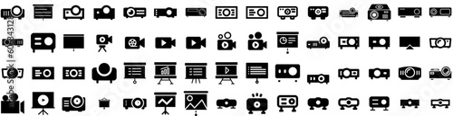 Set Of Projector Icons Isolated Silhouette Solid Icon With Projector, Presentation, Film, Video, Screen, Movie, Cinema Infographic Simple Vector Illustration Logo
