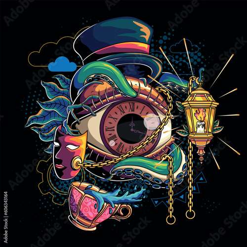 abstract vector illustration for t-shirt, eyeball with tentacles octopus wearing a hat and carrying a lantern