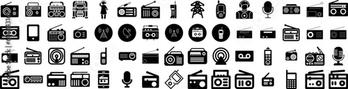Set Of Radio Icons Isolated Silhouette Solid Icon With Music, Technology, Broadcast, Media, Sound, Radio, Audio Infographic Simple Vector Illustration Logo