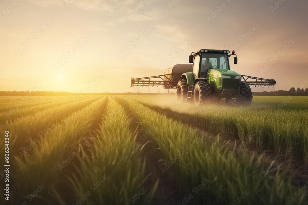 Fototapeta premium Tractor spraying soybean field. Tractor spray fertilizer on green field, agriculture background concept. generative ai 