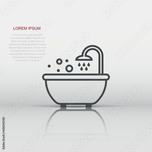 Bath shower icon in flat style. Bathroom hygiene vector illustration on white background. Bath spa business concept.