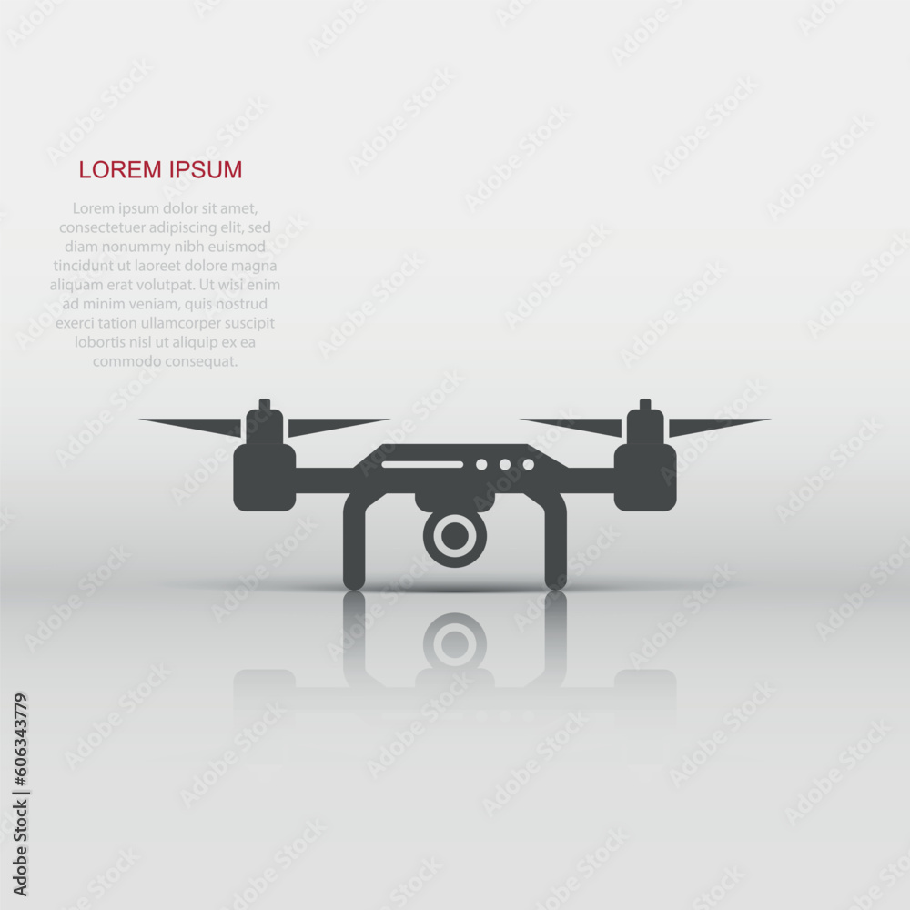 Drone quadrocopter icon in flat style. Quadcopter camera vector illustration on white isolated background. Helicopter flight business concept.