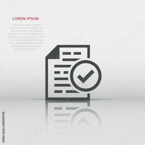 Compliance document icon in flat style. Approved process vector illustration on white isolated background. Checkmark business concept.