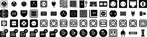 Set Of Socket Icons Isolated Silhouette Solid Icon With Cable, Energy, Power, Socket, Electric, Plug, Electricity Infographic Simple Vector Illustration Logo