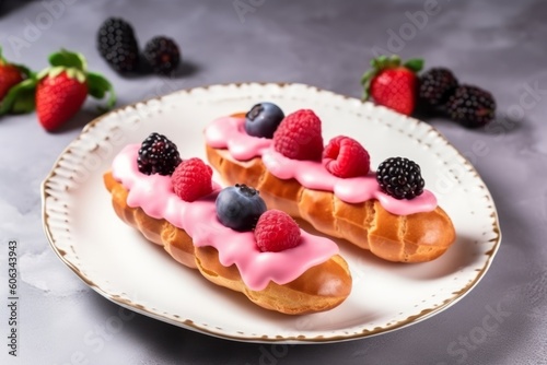 A plate of eclairs with a pink topping and berries on top. Generative AI