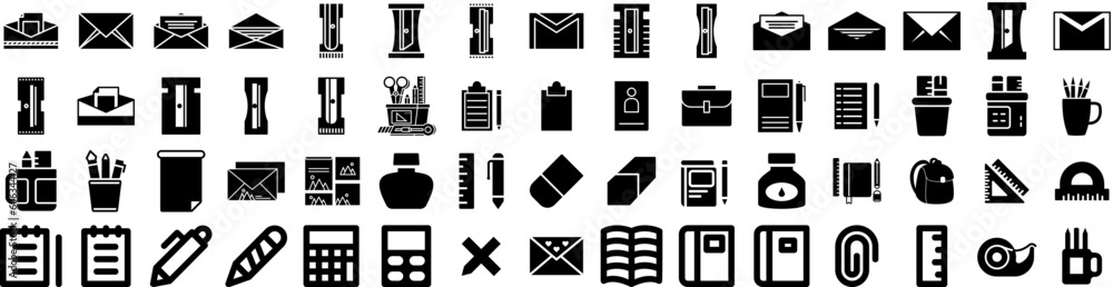 Set Of Stationery Icons Isolated Silhouette Solid Icon With Pen, Pencil, Set, Paper, Office, Notebook, Stationery Infographic Simple Vector Illustration Logo Set Of Stationery Icons Isolated Silhouette Solid Icon With Pen, Pencil, Set, Paper, Office, Notebook, Stationery Infographic Simple Vector Illustration Logo