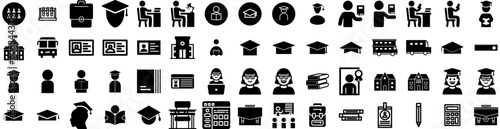 Set Of Student Icons Isolated Silhouette Solid Icon With Happy, College, Student, Young, Education, Female, University Infographic Simple Vector Illustration Logo