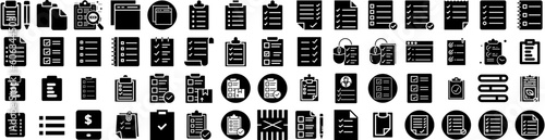 Set Of Tasks Icons Isolated Silhouette Solid Icon With Checklist, Task, Check, Office, Board, Business, List Infographic Simple Vector Illustration Logo