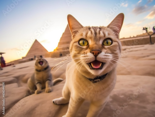 Meow - chitecture Marvels: Cats Strike a Pose and Snap Selfies in Front of the Majestic Pyramids,Generative AI photo