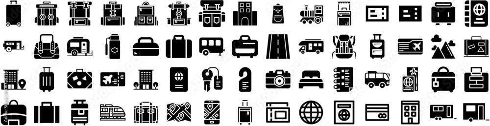 Set Of Travelling Icons Isolated Silhouette Solid Icon With Tourism, Travel, Airplane, Journey, Trip, Holiday, Vacation Infographic Simple Vector Illustration Logo