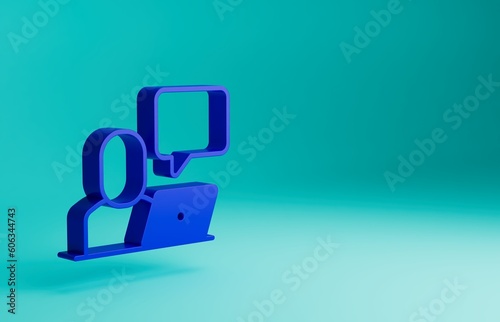 Blue Freelancer icon isolated on blue background. Freelancer man working on laptop at his house. Online working, distant job concept. Minimalism concept. 3D render illustration