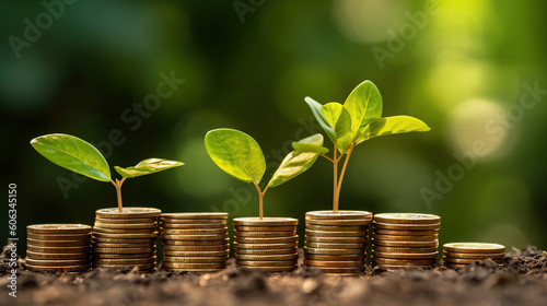 a row of coin stacks with a plant sprouting from each one. Business finance saving banking investment concept with a tree leaf on coins. Generative Ai