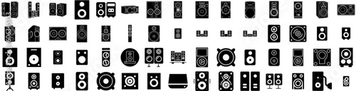 Set Of Woofer Icons Isolated Silhouette Solid Icon With Equipment, Bass, Audio, Loudspeaker, Speaker, Music, Sound Infographic Simple Vector Illustration Logo