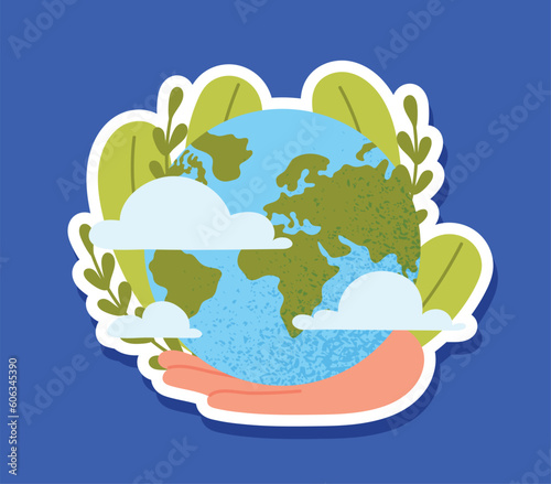 Earth Day sticker. Planet or globe on palm with leaves. Caring for nature and environment. Protection of Earth. Eco friendly holiday. Cartoon flat vector illustration isolated on blue background