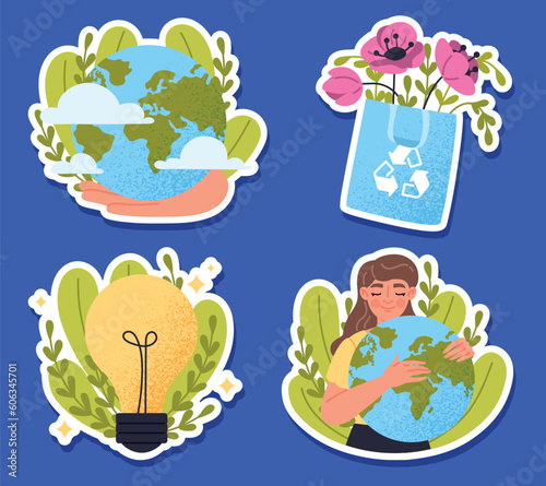 Fototapeta Naklejka Na Ścianę i Meble -  Stickers for Earth Day. Caring for nature and ecology, environment. Alternative energy sources and zero waste lifestyle. Recycle and reuse. Cartoon flat vector collection isolated on blue background