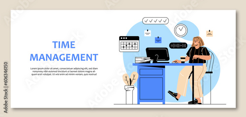 Time management banner. Woman sits at table and works. Organization of efficient workflow, setting goals and deadlines. Planning and scheduling. Worker or employee. Doodle flat vector illustration