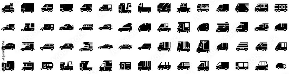 Set Of Vehicle Icons Isolated Silhouette Solid Icon With Vehicle, Technology, Power, Car, Auto, Transport, Battery Infographic Simple Vector Illustration Logo