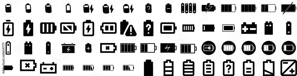 Set Of Battery Icons Isolated Silhouette Solid Icon With Power, Electric, Energy, Battery, Electricity, Industry, Technology Infographic Simple Vector Illustration Logo Set Of Battery Icons Isolated Silhouette Solid Icon With Power, Electric, Energy, Battery, Electricity, Industry, Technology Infographic Simple Vector Illustration Logo